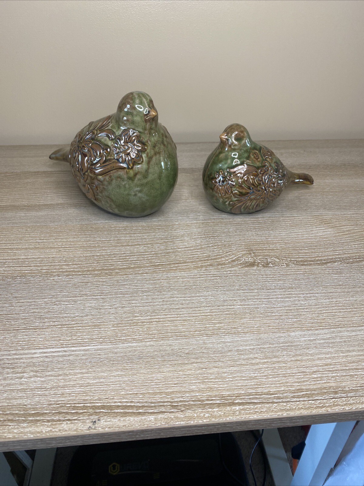 Pair Green and Brown Pottery Floral Chubby Bird Figures