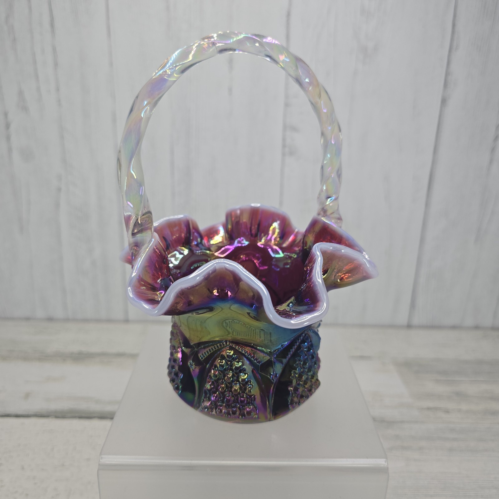 Fenton Plum Opalescent Button & Arch Basket Signed ” Mika Fenton 1997 “