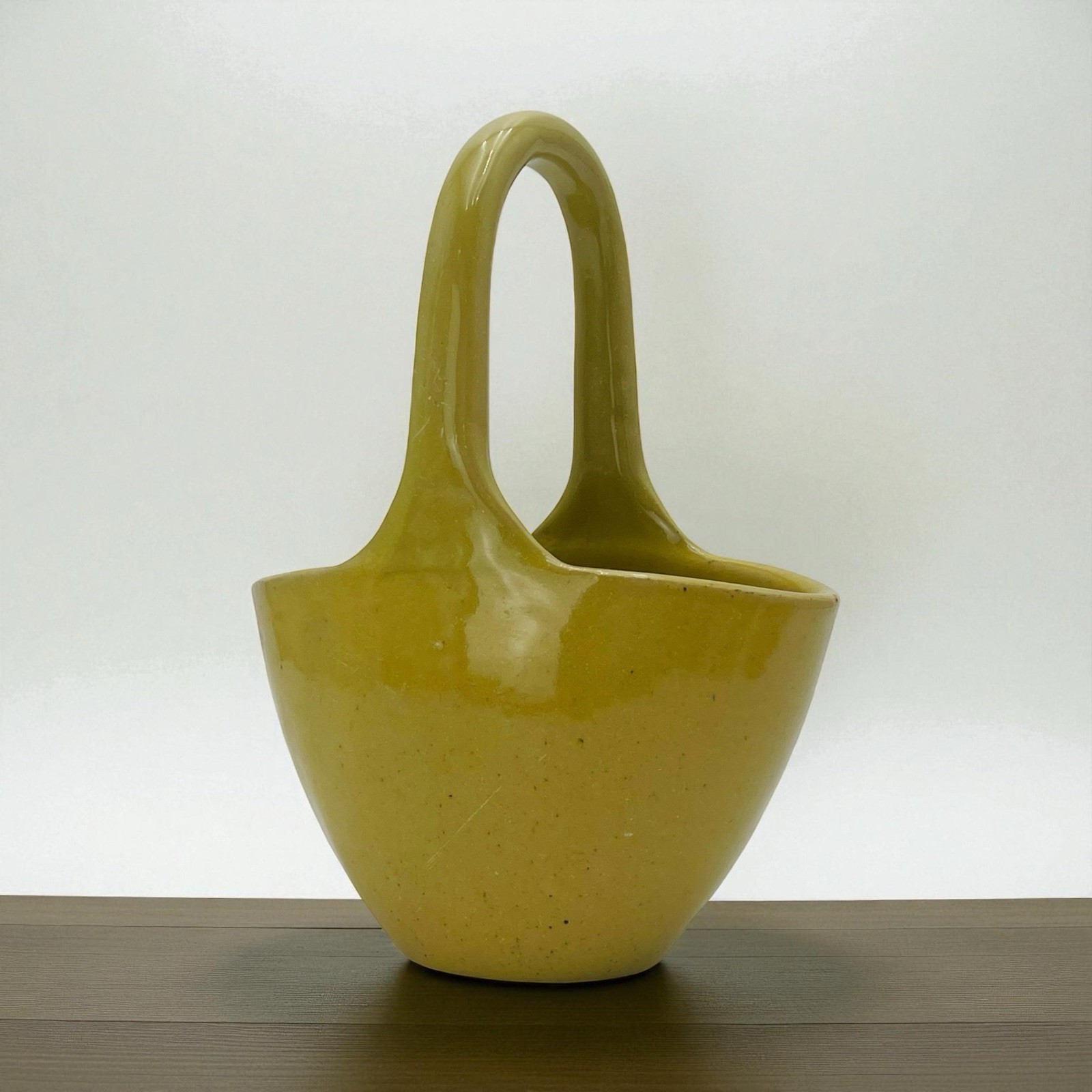 Vintage Studio Pottery Basket Vase Glazed Yellow 9”x6.5”