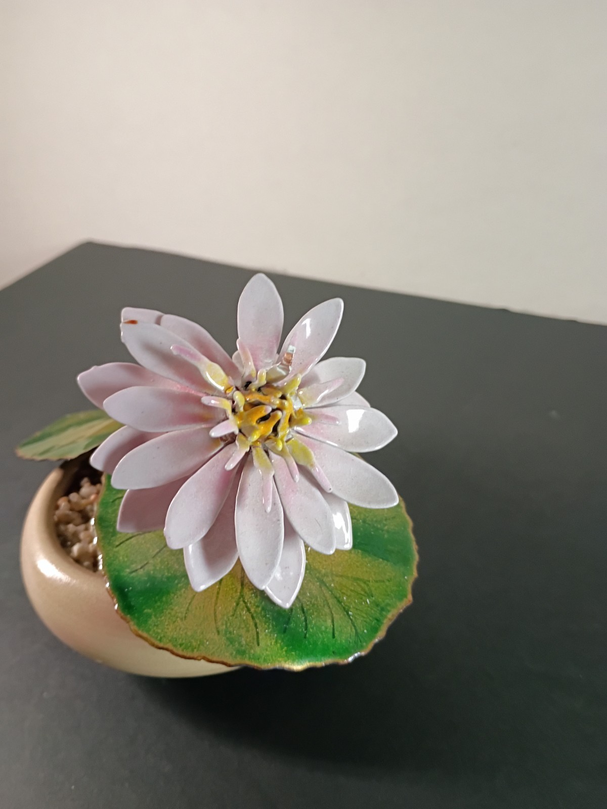 Vintage Enamel on Copper Metal Water Lily Figurine Nymphaea Odorata
