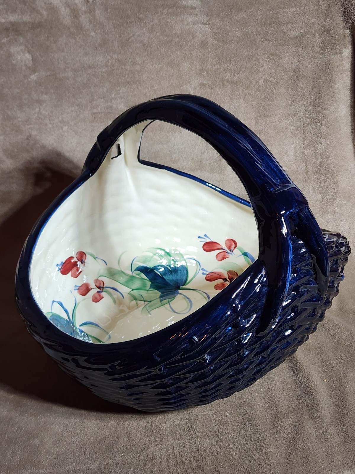 Vintage Gail Pittman Ceramic Pottery Basket Signed – Grapevine Blue Green Patter