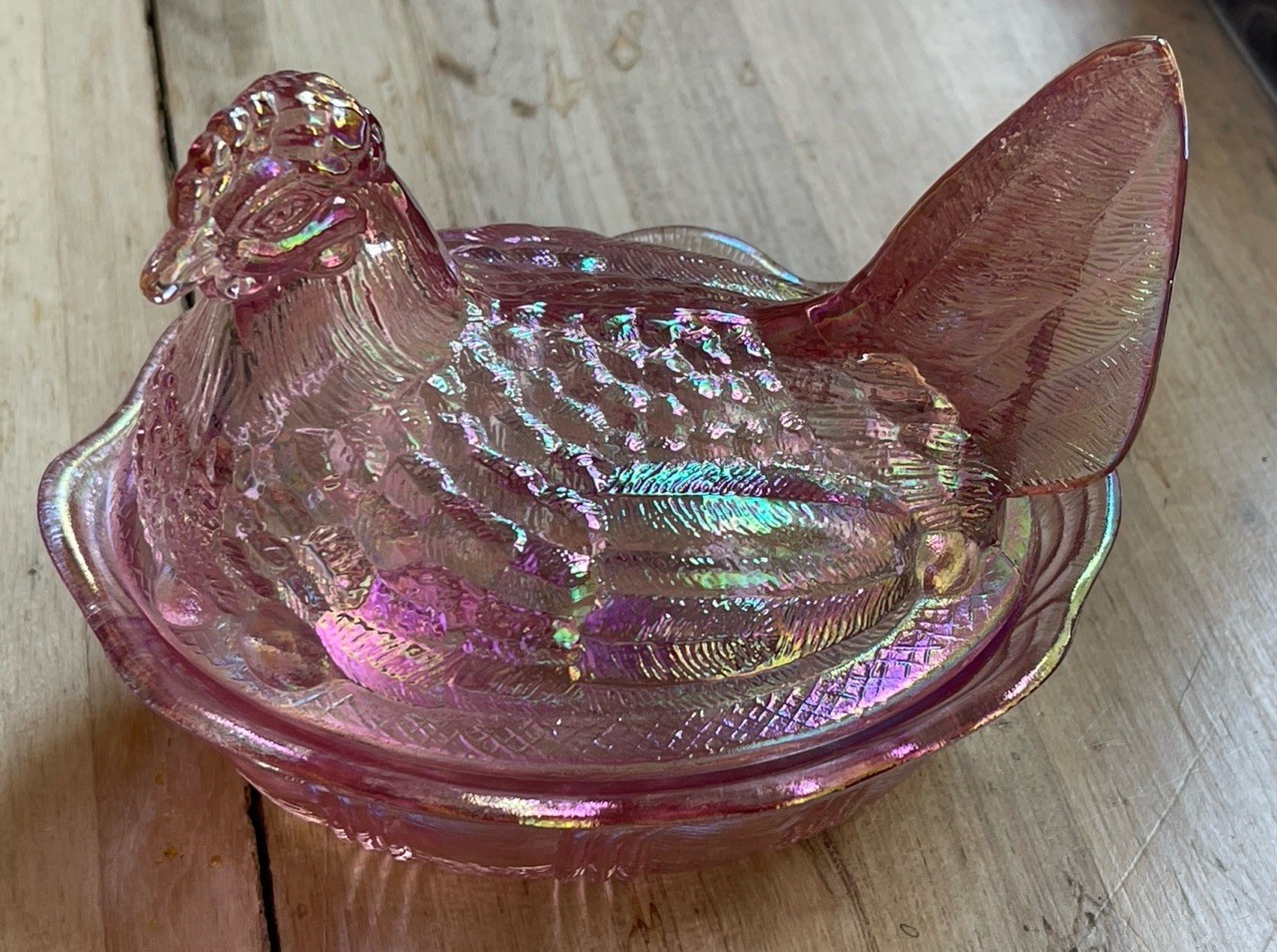 Vintage 1970 Fenton Pink Carnival Glass Hen on Nest 5.5 Covered Dish Iridescent