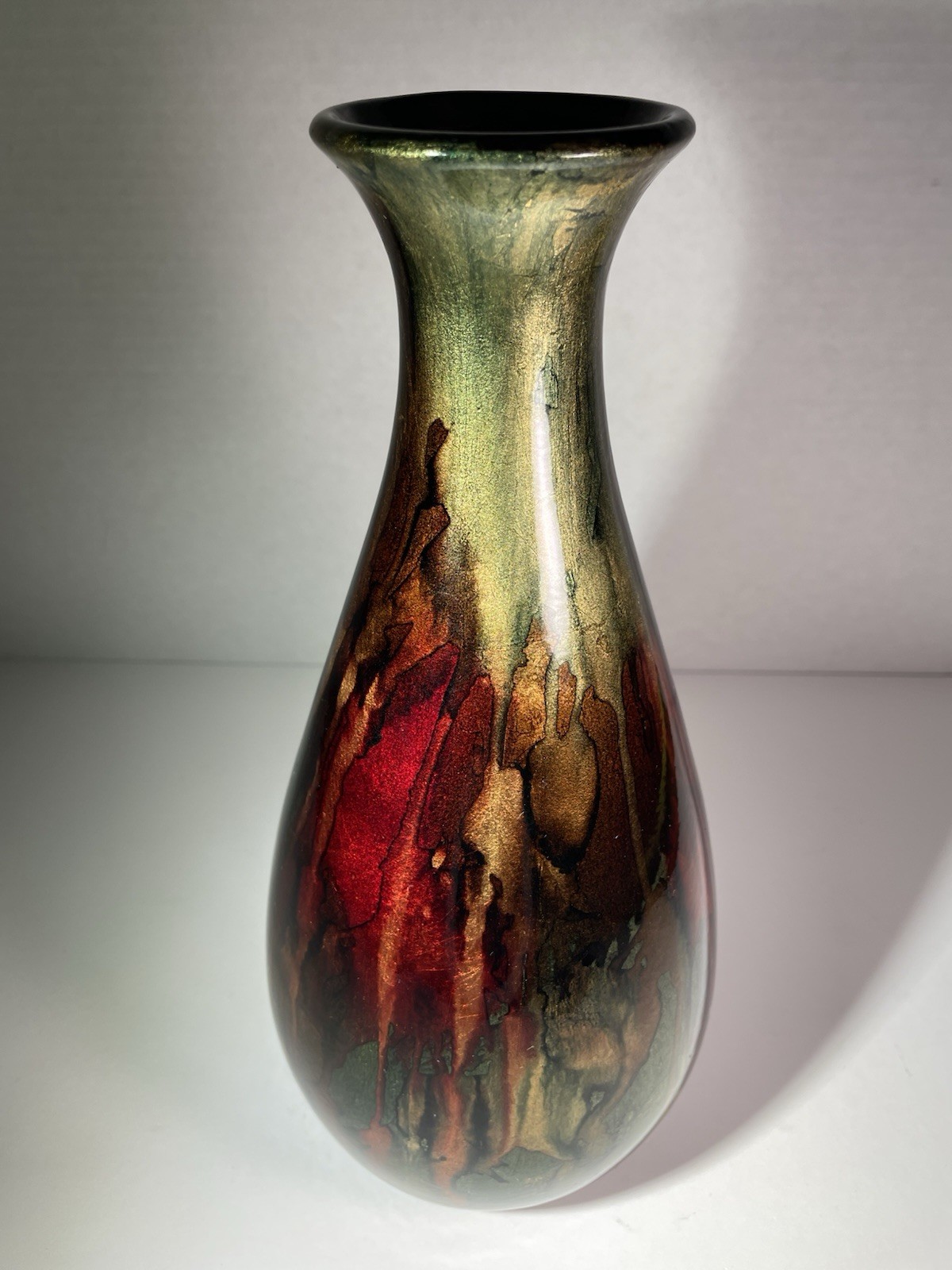 Metallic Red Green & Gold Multicolored Narrow Opening Vase 12”