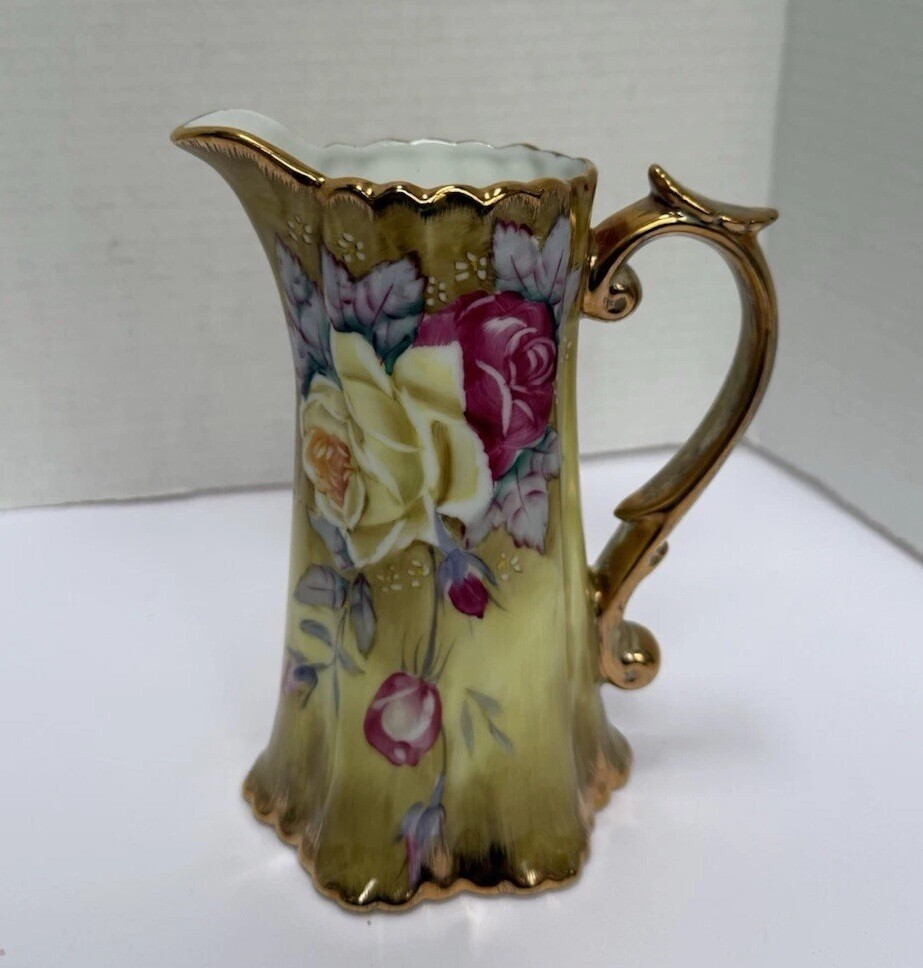 Vintage Nippon Porcelain Pitcher Rose Hand Painted Gold Vase Pot 6.75″ Gilding