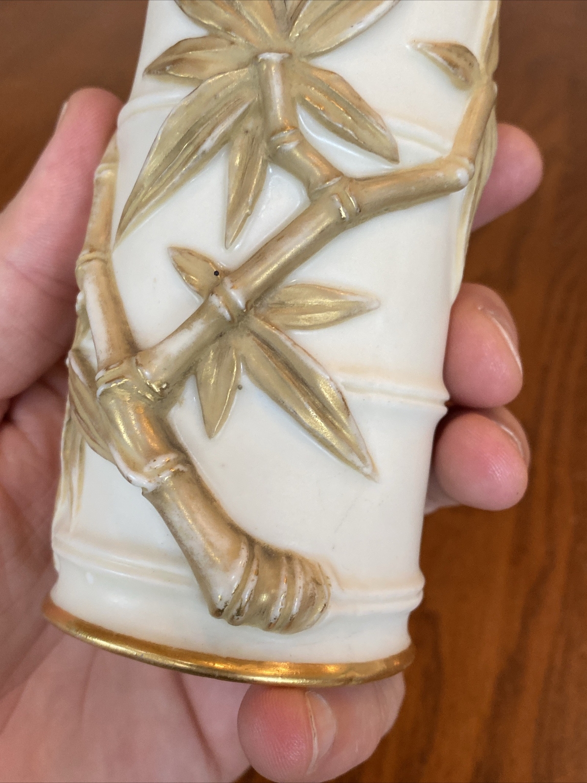 Antique 1885 19th C ROYAL WORCESTER PATENT METALLIC IVORY WARE BAMBOO SPILL VASE