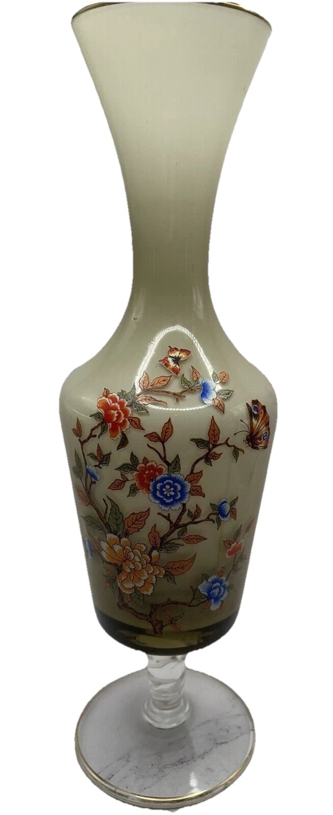 Vtg. Smoky/Green Satin Ware Floral & Butterfly Vase Pedestal Twisted Base 10 in.