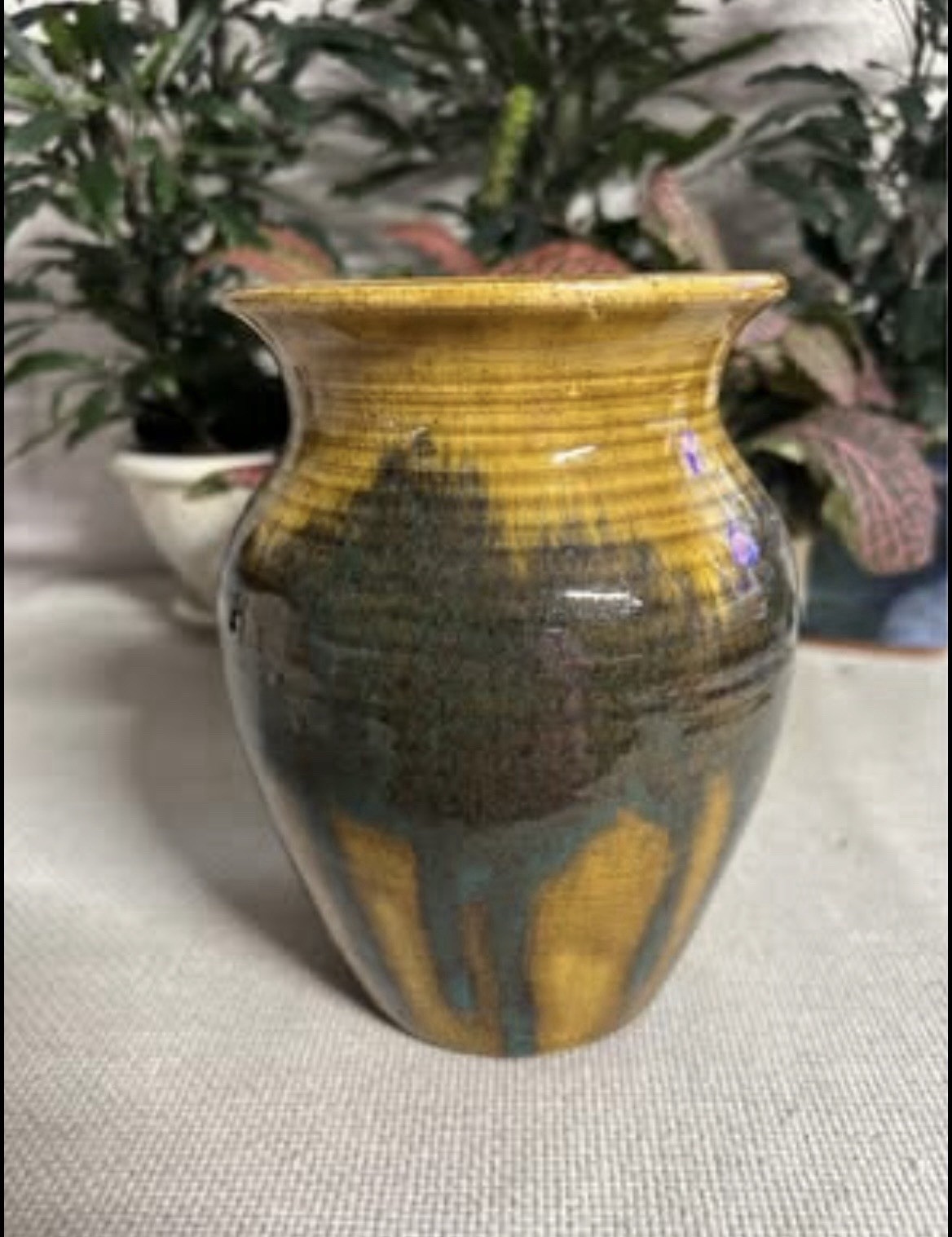 Ryan McKay Pottery Vase Two Tone Drip Glaze Gold Blue Green, 6”Tall
