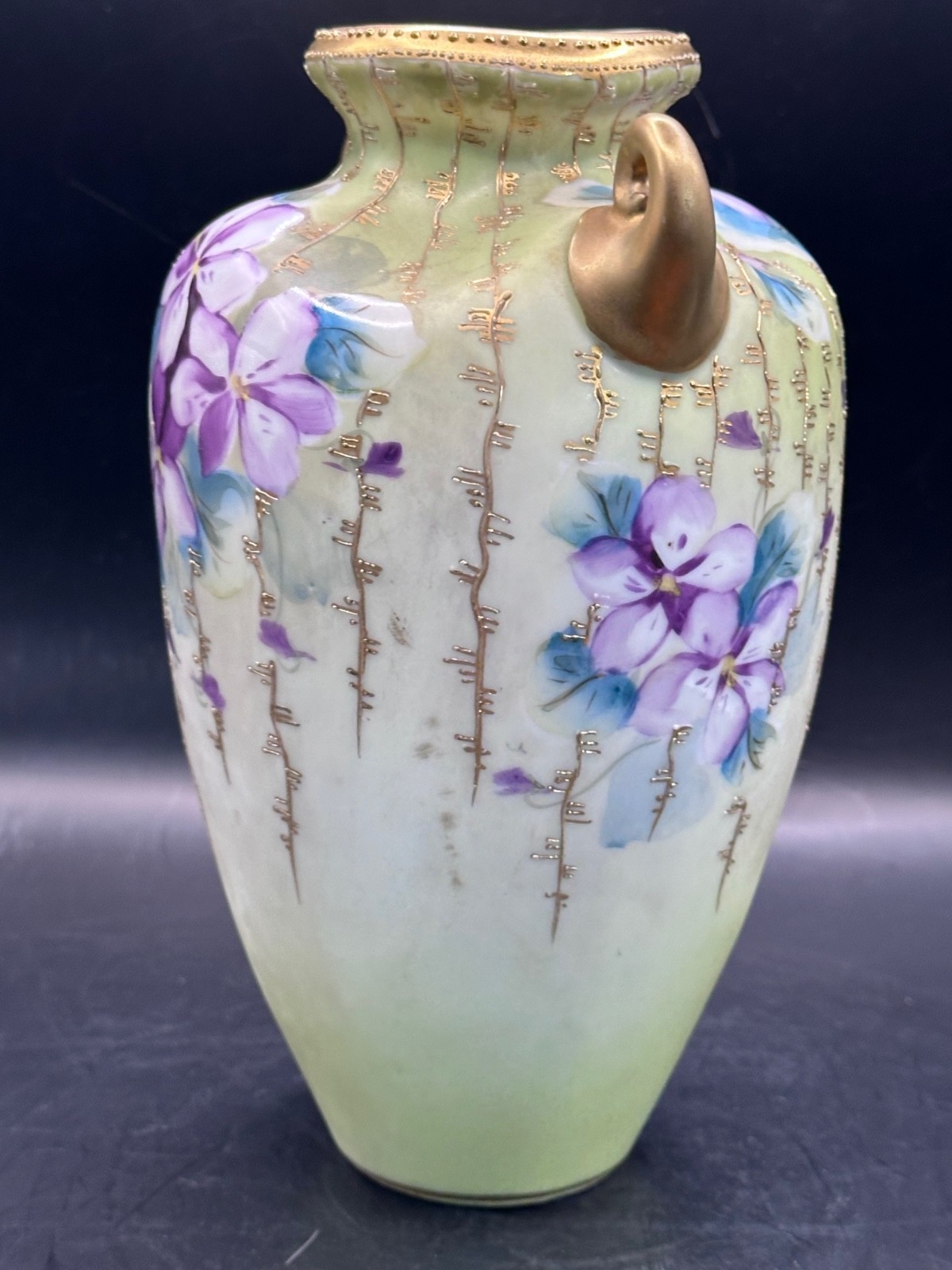 Antique Nippon Porcelain Amphora Vase Purple Violets Gold Moriage Art Nouveau