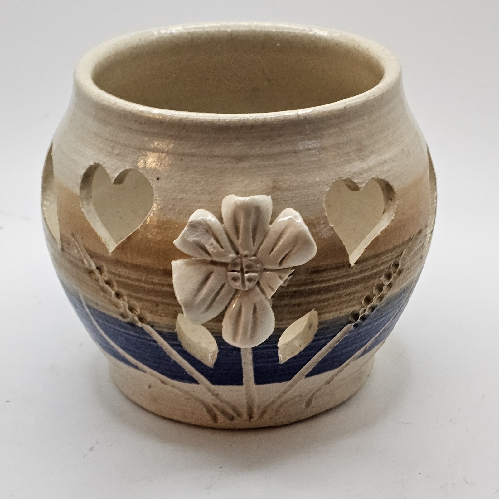 Studio Art Pottery Candle Votive Holder Floral Design Signed READ