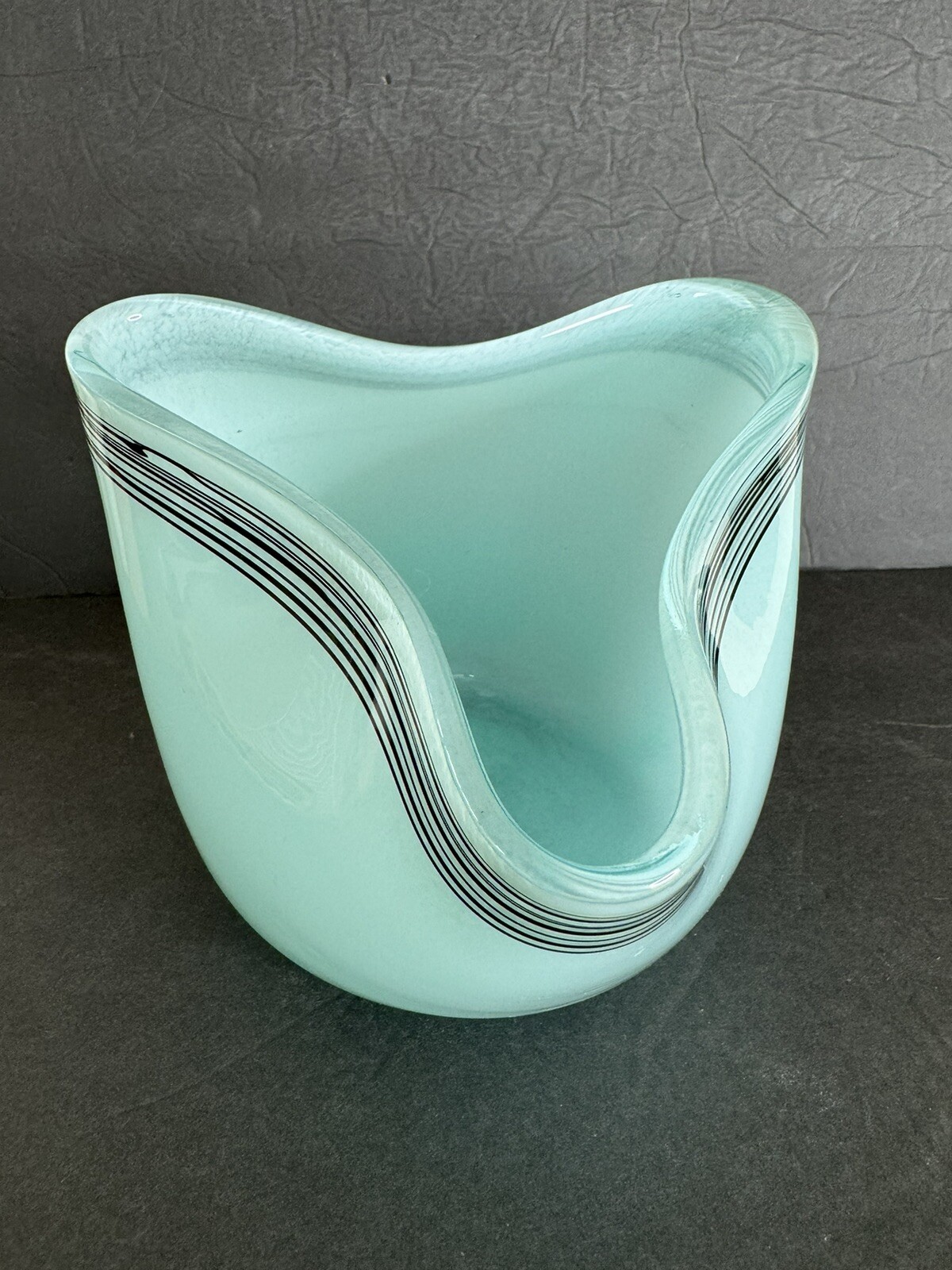 Art Glass Slump Vase Turquoise Green Black Threading Tilted Abstract Bowl Unique