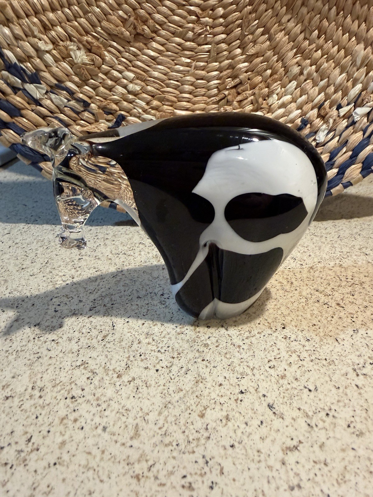 Spotted Horned Cow Art Glass Figurine Paperweight Handblown Heavy Black White