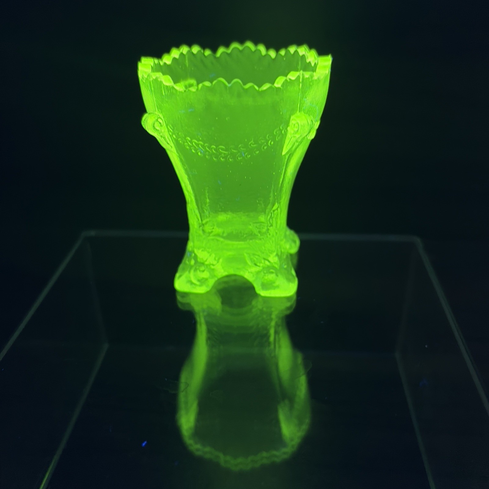 Boyd Colonial Drape Footed Toothpick Holder 3″ Vaseline Uranium Glass UV Glow