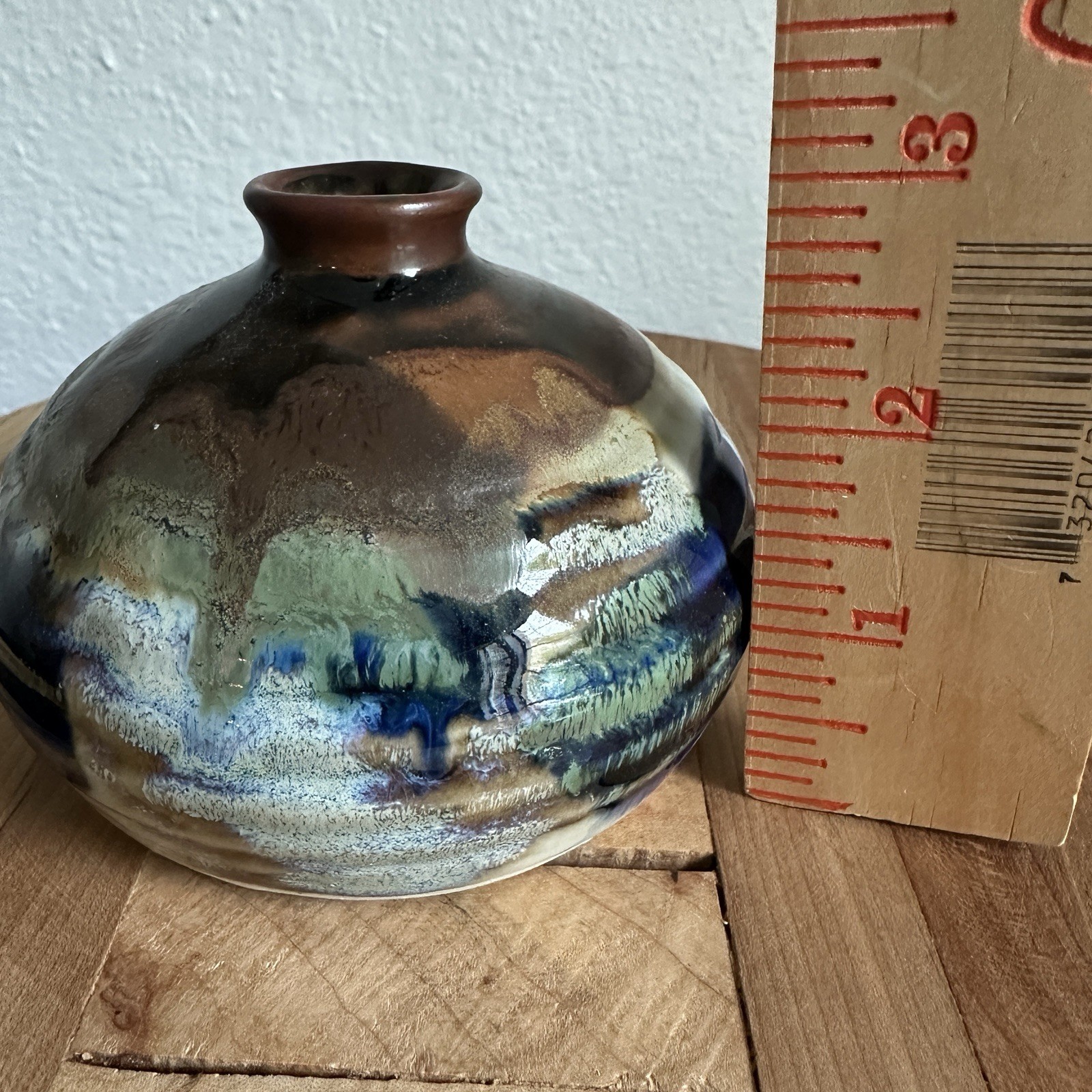Kravec Studios Pottery Bud Vase 3.25 Inch Blue Earthtones Drip Glaze Signed KS