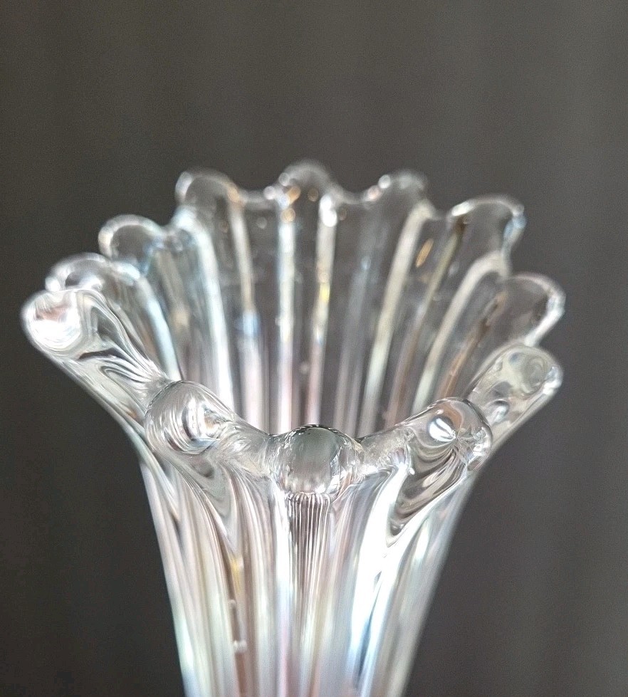 Vintage Stretch Swung Vase Clear Glass Thick Defined Ribbed Base – 22.5″ Tall