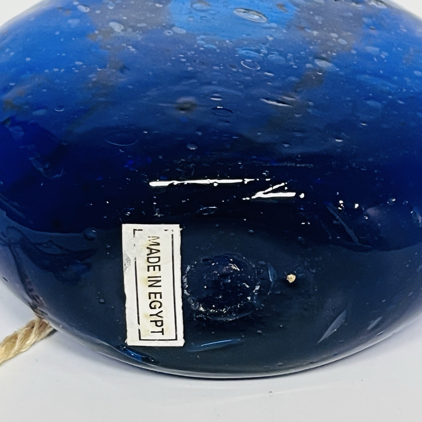 Hand Blown Blue Glass Hanging Vase Suspendable Art Made In Egypt Vintage 5 1/2″T