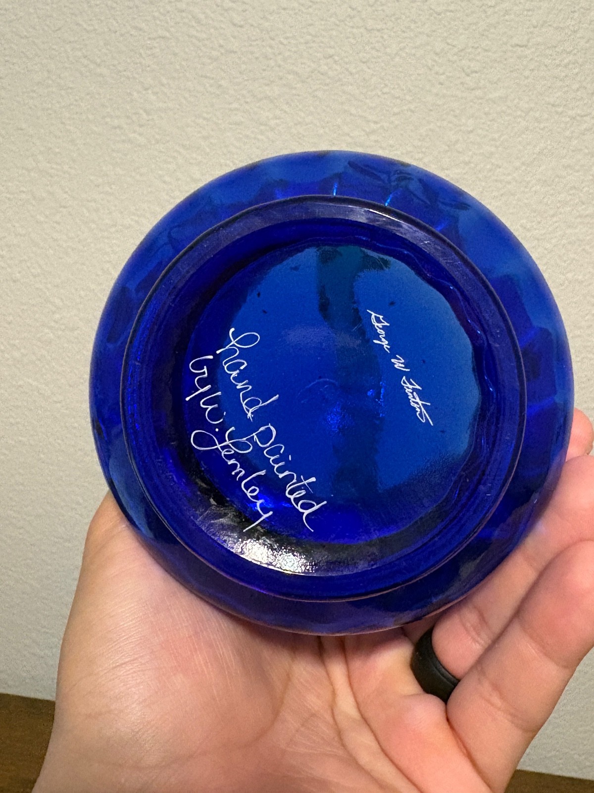 VTG Fenton Cobalt Blue 8.25″H HP Morning Glory Floral Rib Optic Basket SIGNED