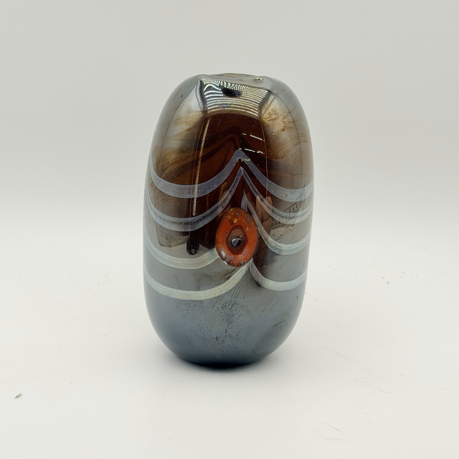 Vintage Studio Art Glass Vase Smoky Black Silver Red Applied Decoration 6”