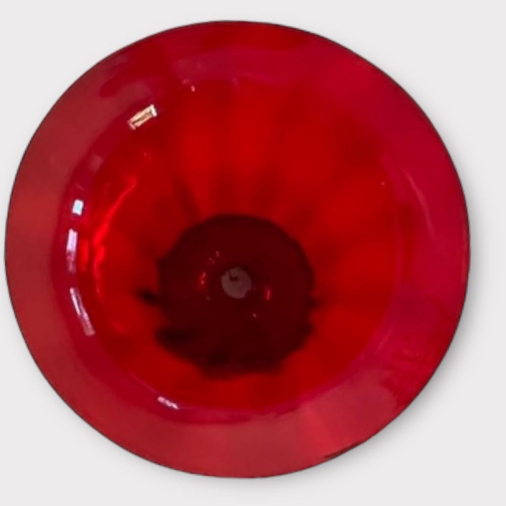 Vintage Ruby Red Art Glass Hand Blown 9” Vase 9 1/2″ Tall 10 3/8″ Diameter NICE