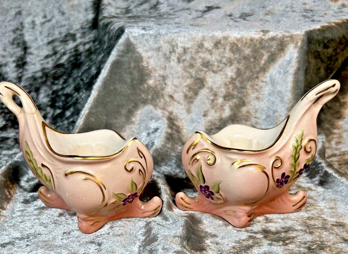 Vintage Victorian Style Pair of Candle Stick Holders Pink Porcelain Gold Trim