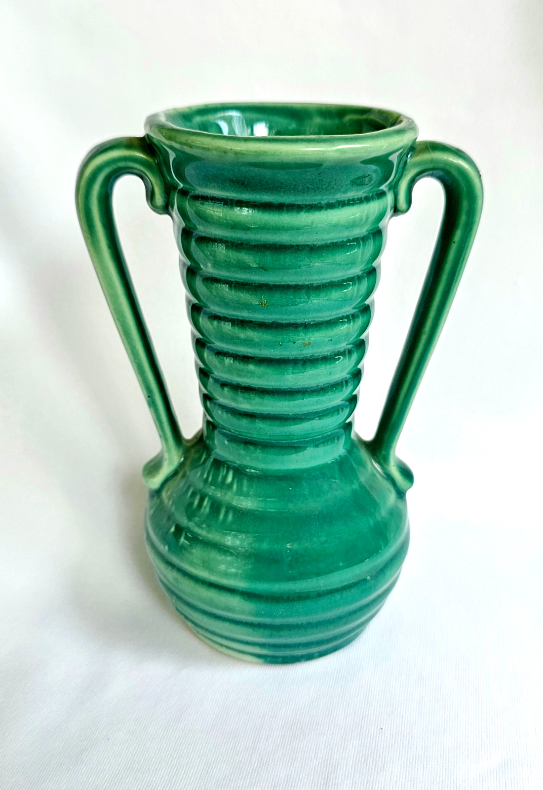 Vintage Shawnee Pottery Ringed Banded Cabinet Vase Green 5 3/8″ Tall EUC