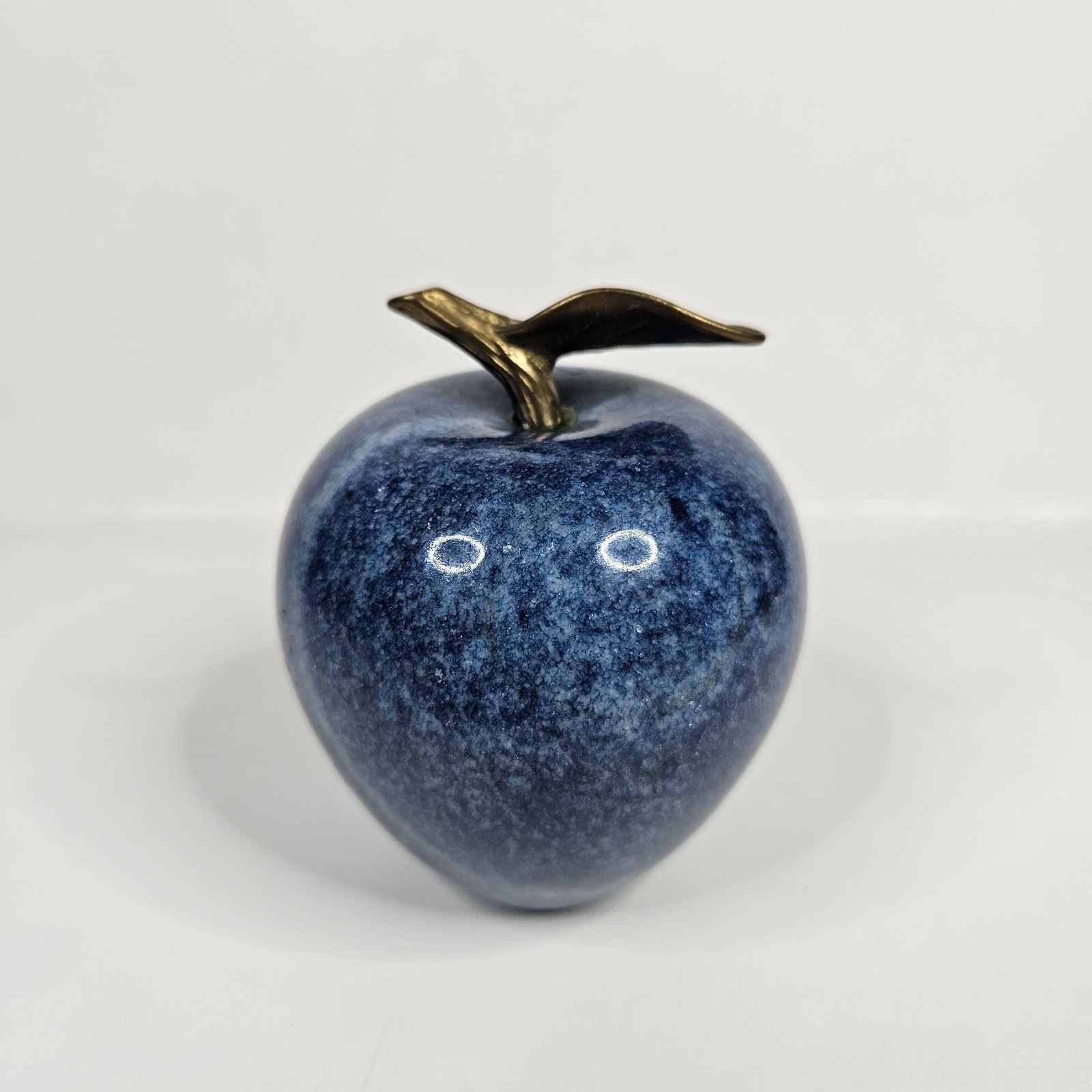 Vintage Blue Marble Apple With Brass Stem/Leaf 3.75”H x 3.25”W