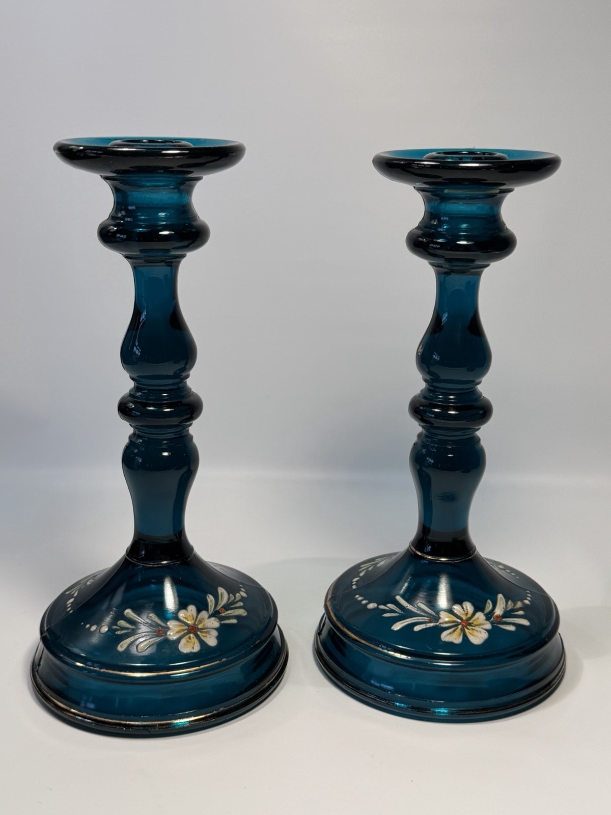 Candle Stick Holders Peacock Jasper Blue Teal US Glass Tiffin 76 Hand Decorated