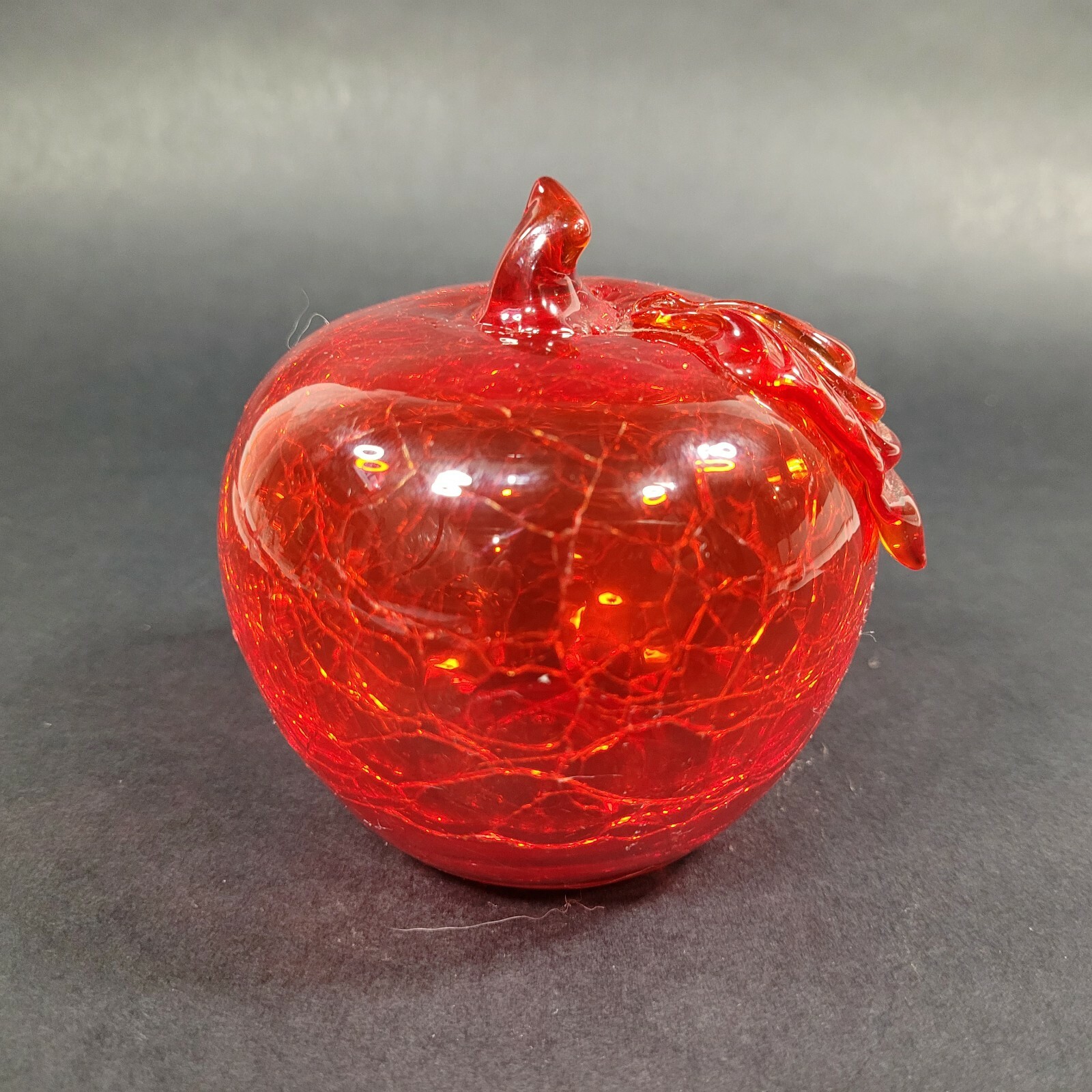 Vintage Crackle Art Glass Fruit RED Glass Apple Hand Blown 3.25 inches