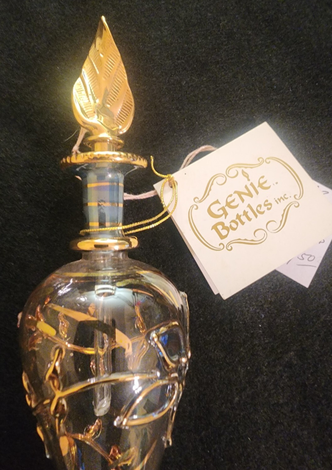 Vintage Clear Glass Genie Bottle 8″ Tall Hand Painted Gold Detail Made In Egypt