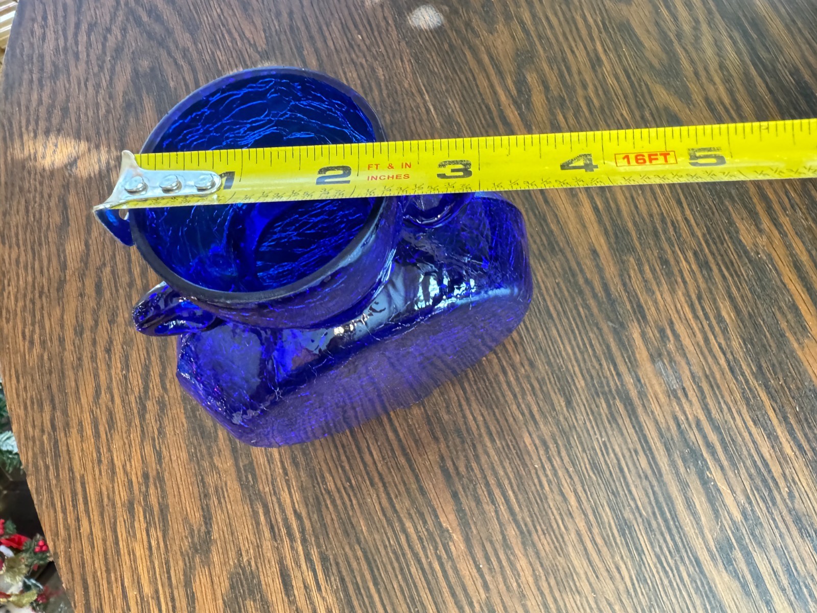 Vintage 6.5″ Cobalt Blue Crackle Glass Art Glass Double Handled Vase