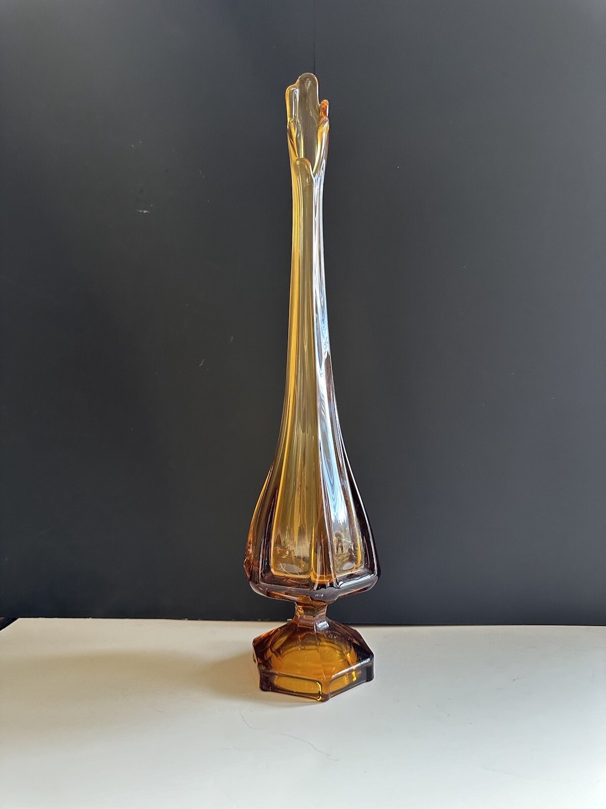 Vintage MCM Viking Glass Amber Swung Vase Epic Column 18.5” Hexagon Foot