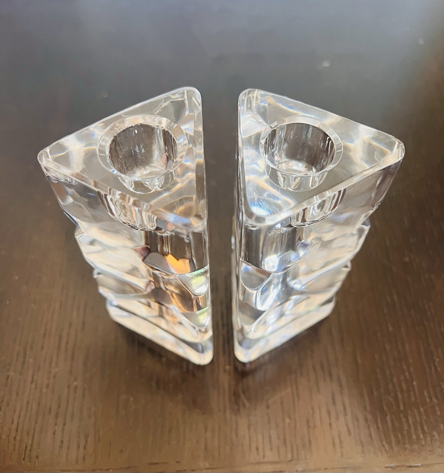 Vintage Rogaska Signed Crystal Candlestick Holders Pair Modernist Prism Triangle