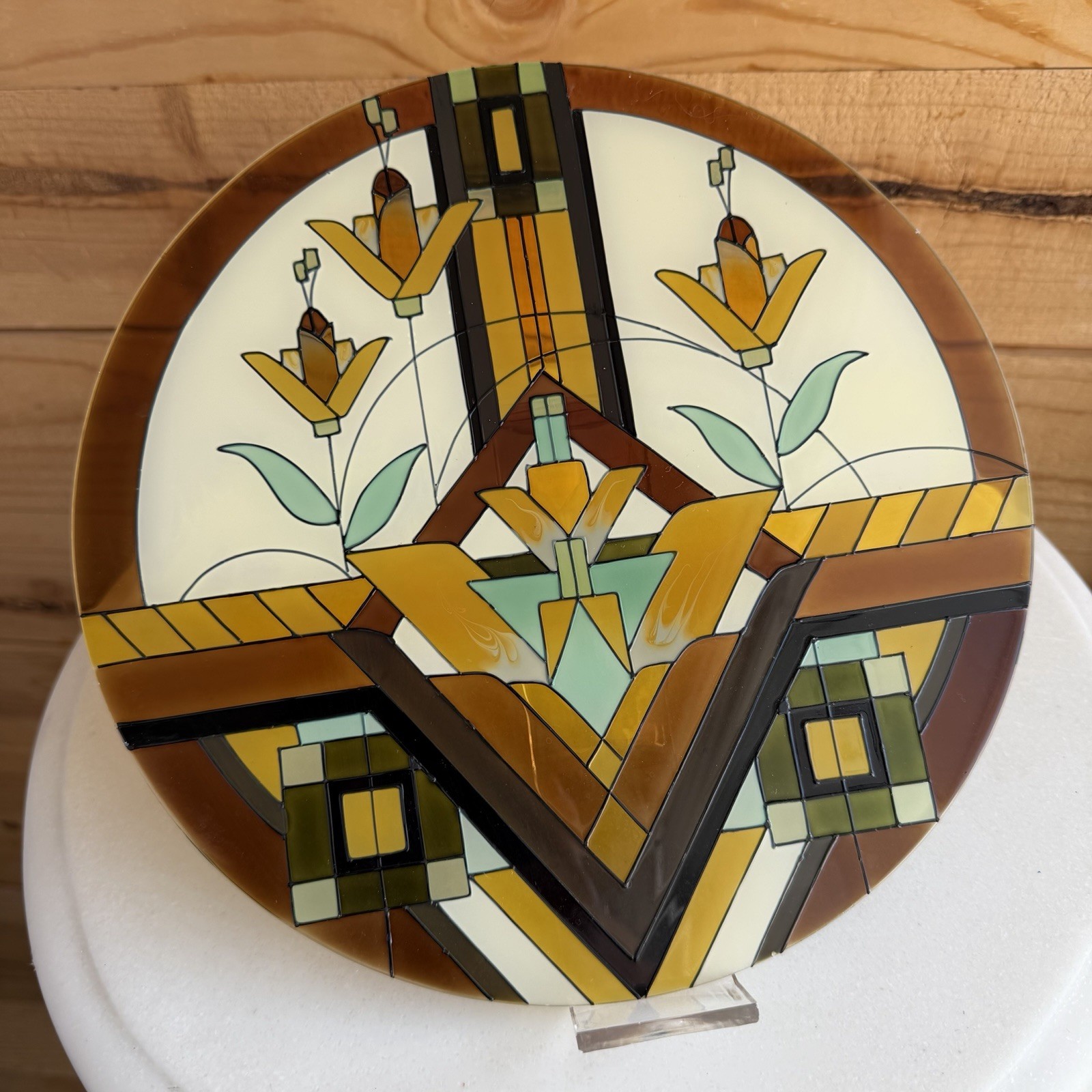 Vtg Mission Style Stained Glass Suncatcher Window Panel Cottagecore Geometric
