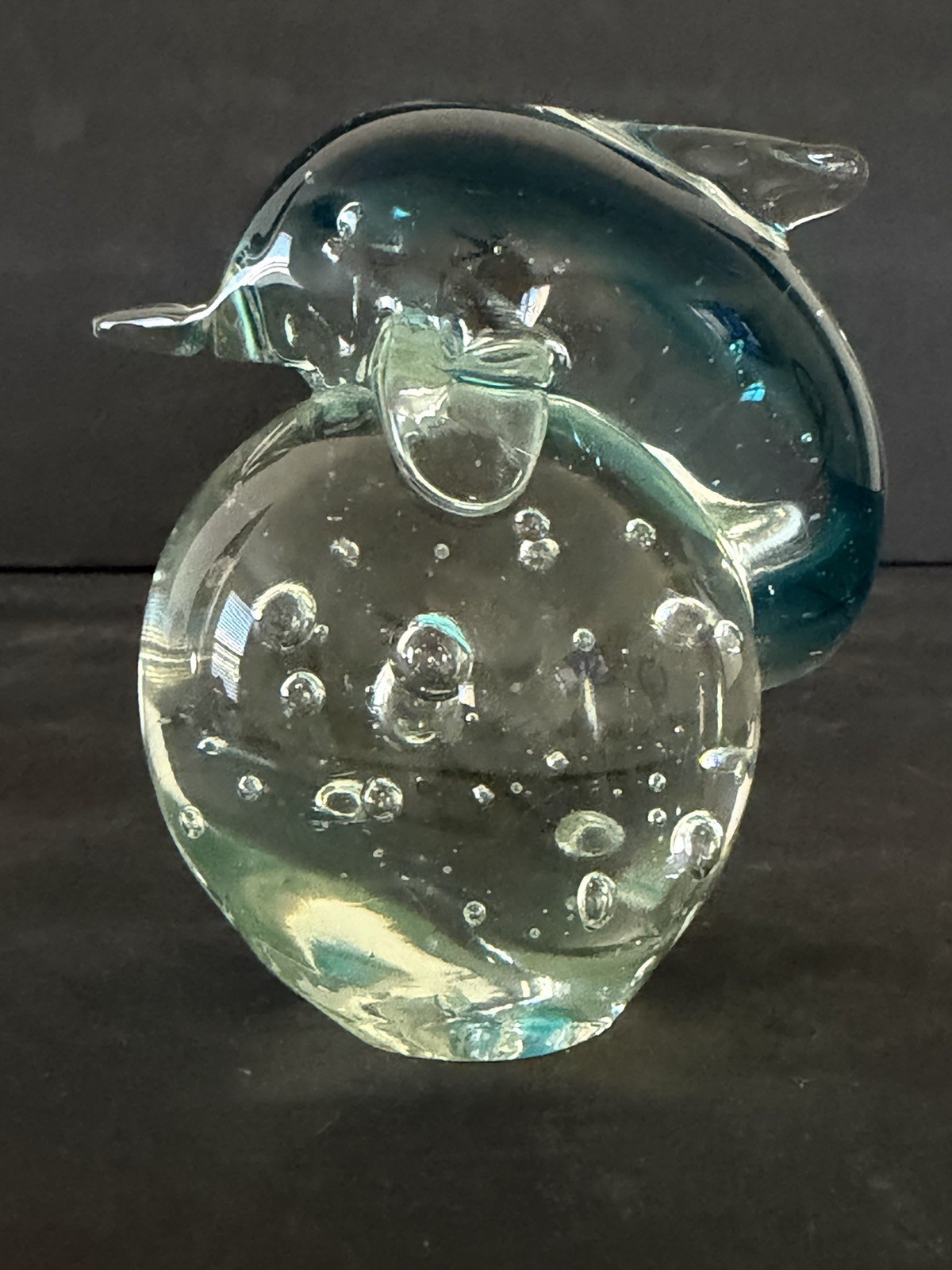 Blue Dolphin on Water Figurine Art Glass Paperweight Clear Bubbles Coastal 4”