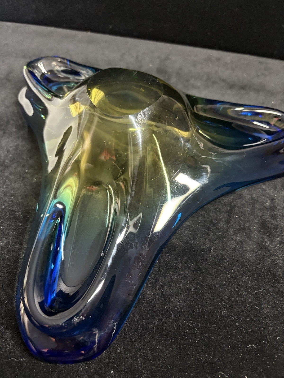 Vintage Murano Sommerso Art Glass Rounded Triangle Yellow Blue Dish Ashtray MCM