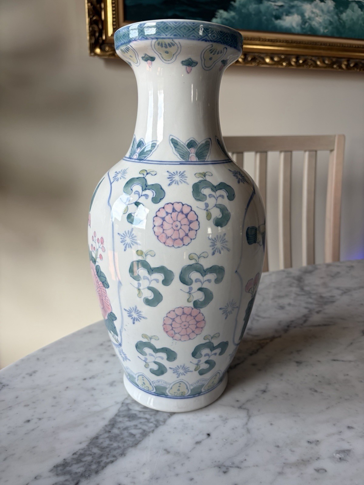 Ceramic Art Pottery Vase White Blue Pink Green Glossy Floral Bird Decorative