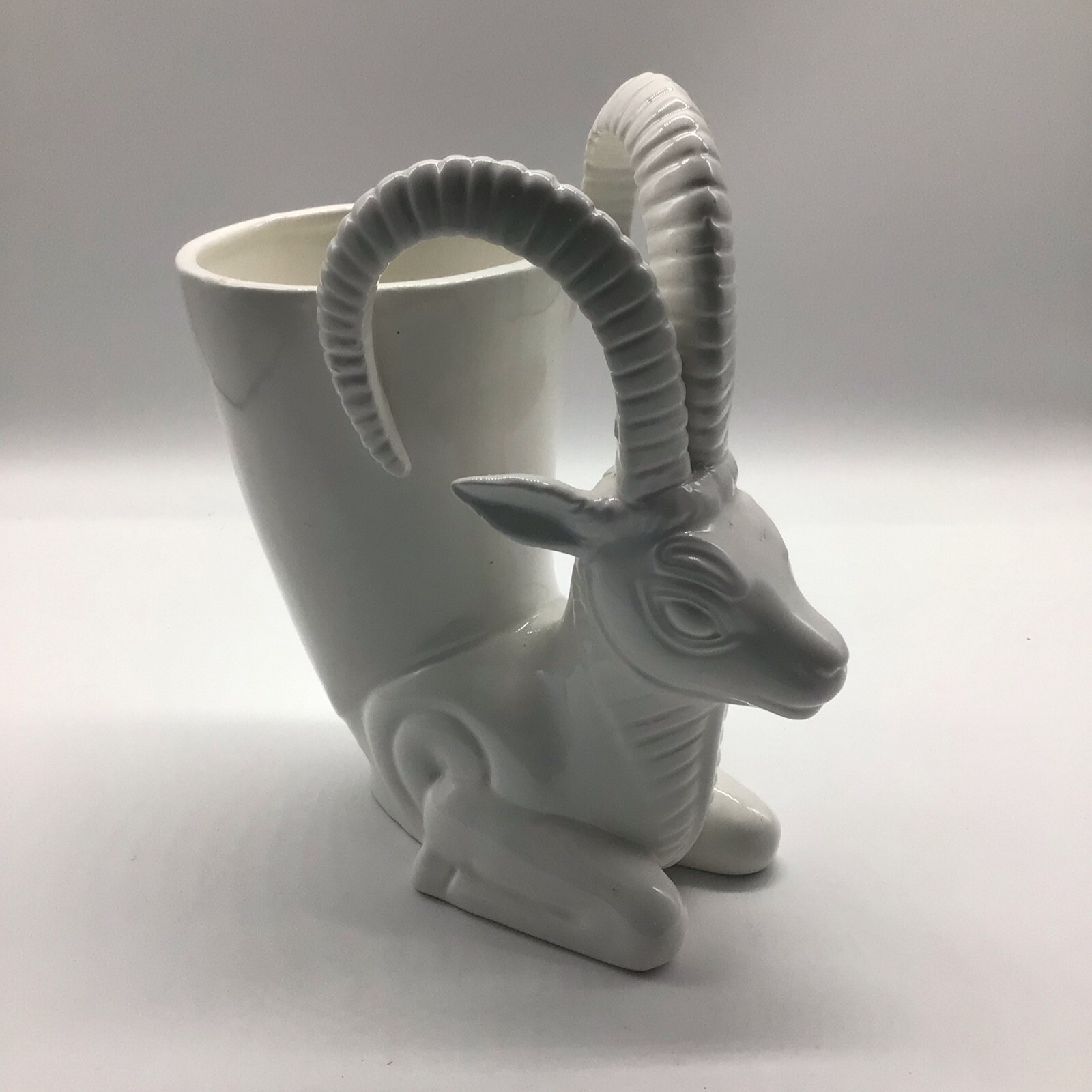 Abigails White Ceramic Ram’s Head Cornucopia Vase Or Planter Art Deco Style