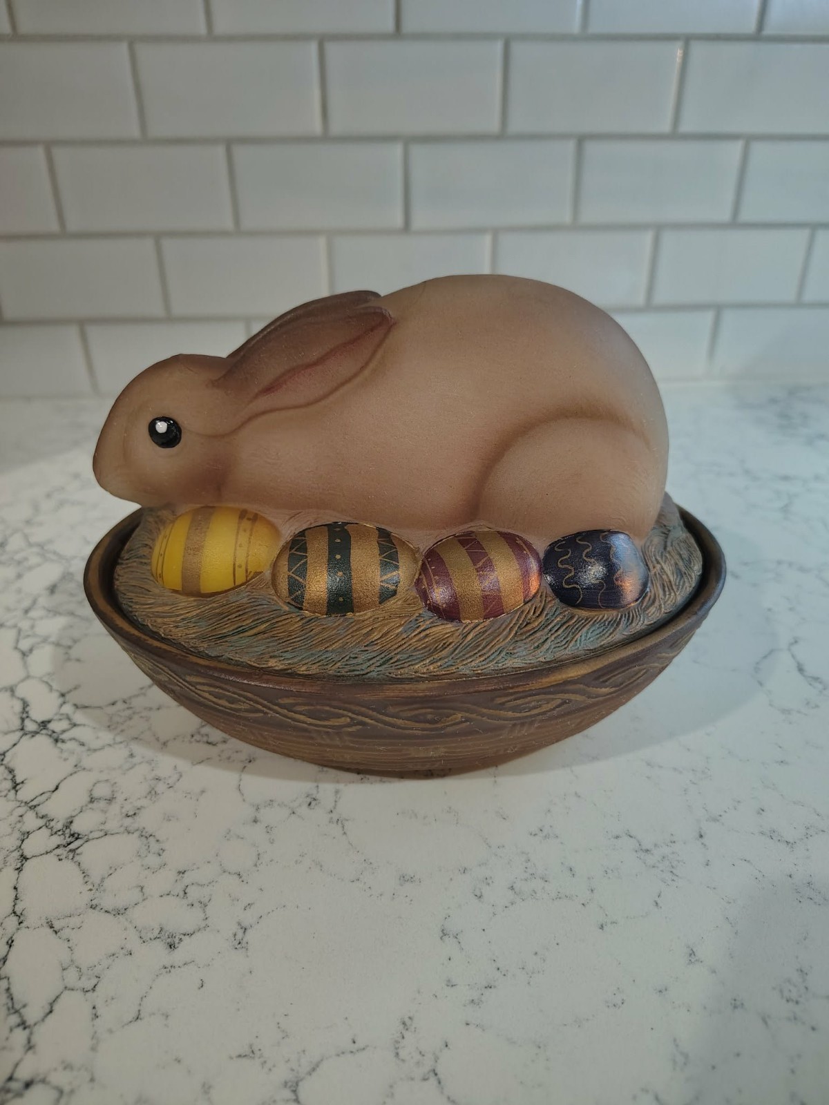 Fenton Bunny on Nest Hand Painted Candy Dish Signed Rabbit Trinket K Brightbill
