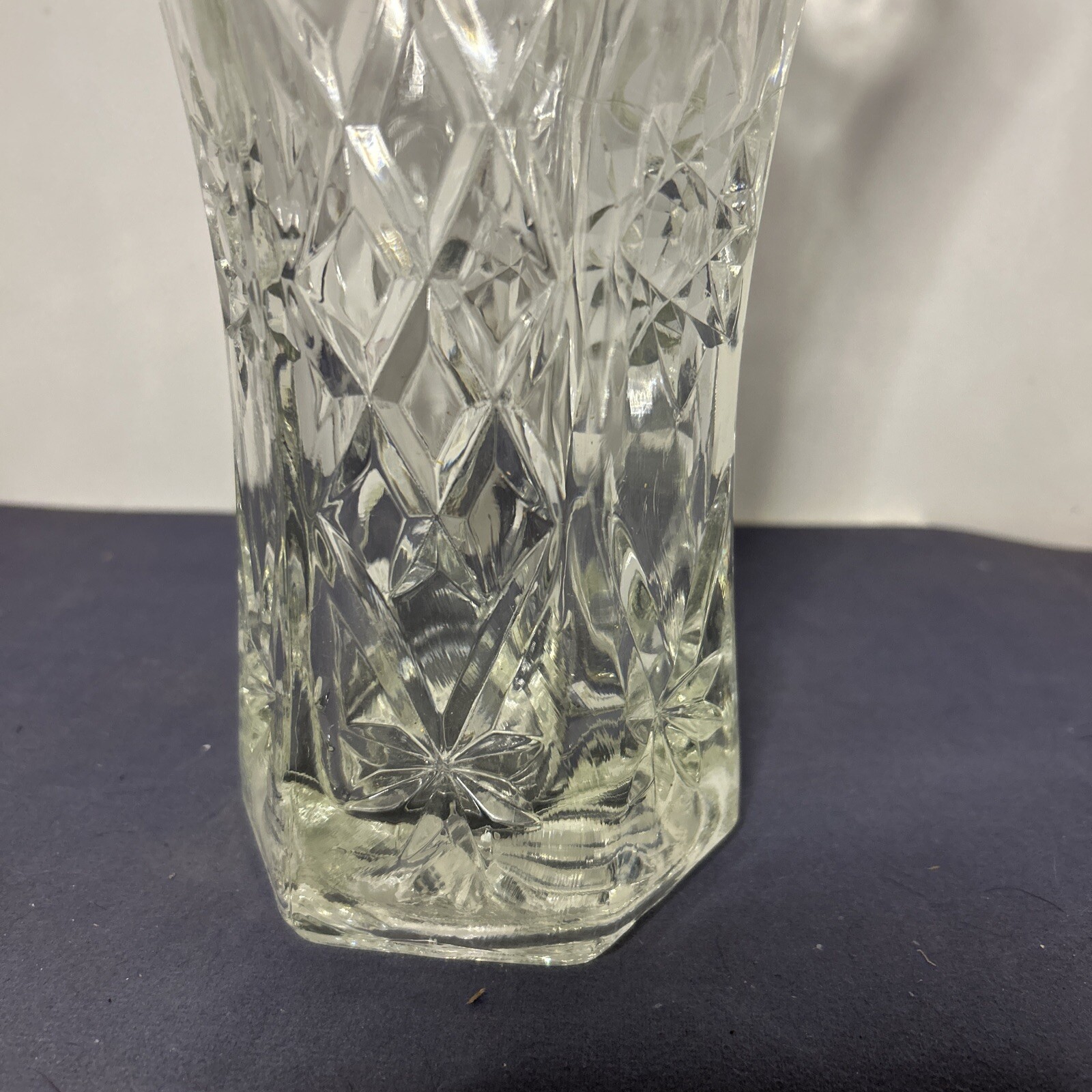 Clear Cut Glass Vase 10.5 in tall 6 in wide Scalloped Rim Star Crosshatch Motif