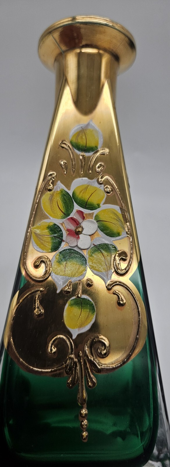 Venician Murano Glass Art Vase Emerald Green Gold Hand Painted Floral Bohemian