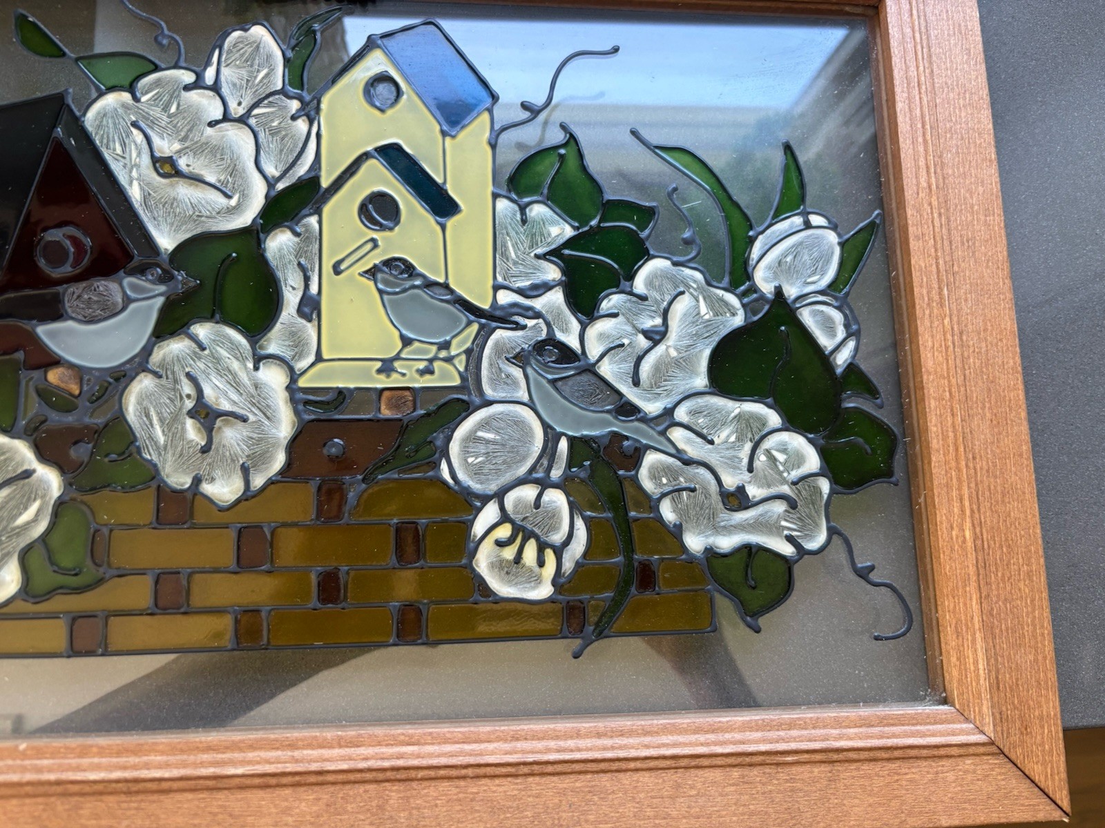 Bird House And Floral Window Panel Framed Window Hanging
