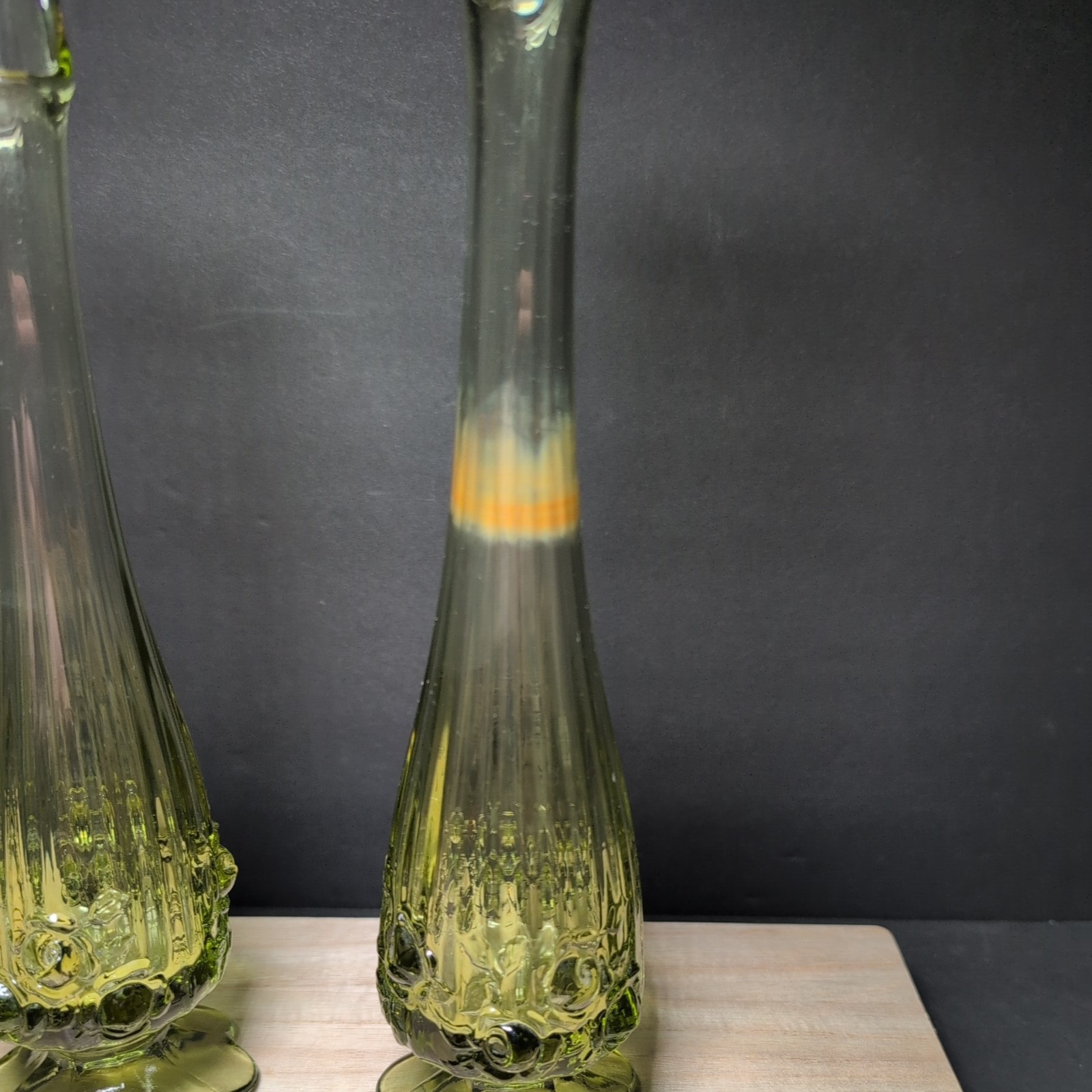 Vintage Fenton Colonial Green Swung 6 Petal 10.5 and 9.5 Vases/2