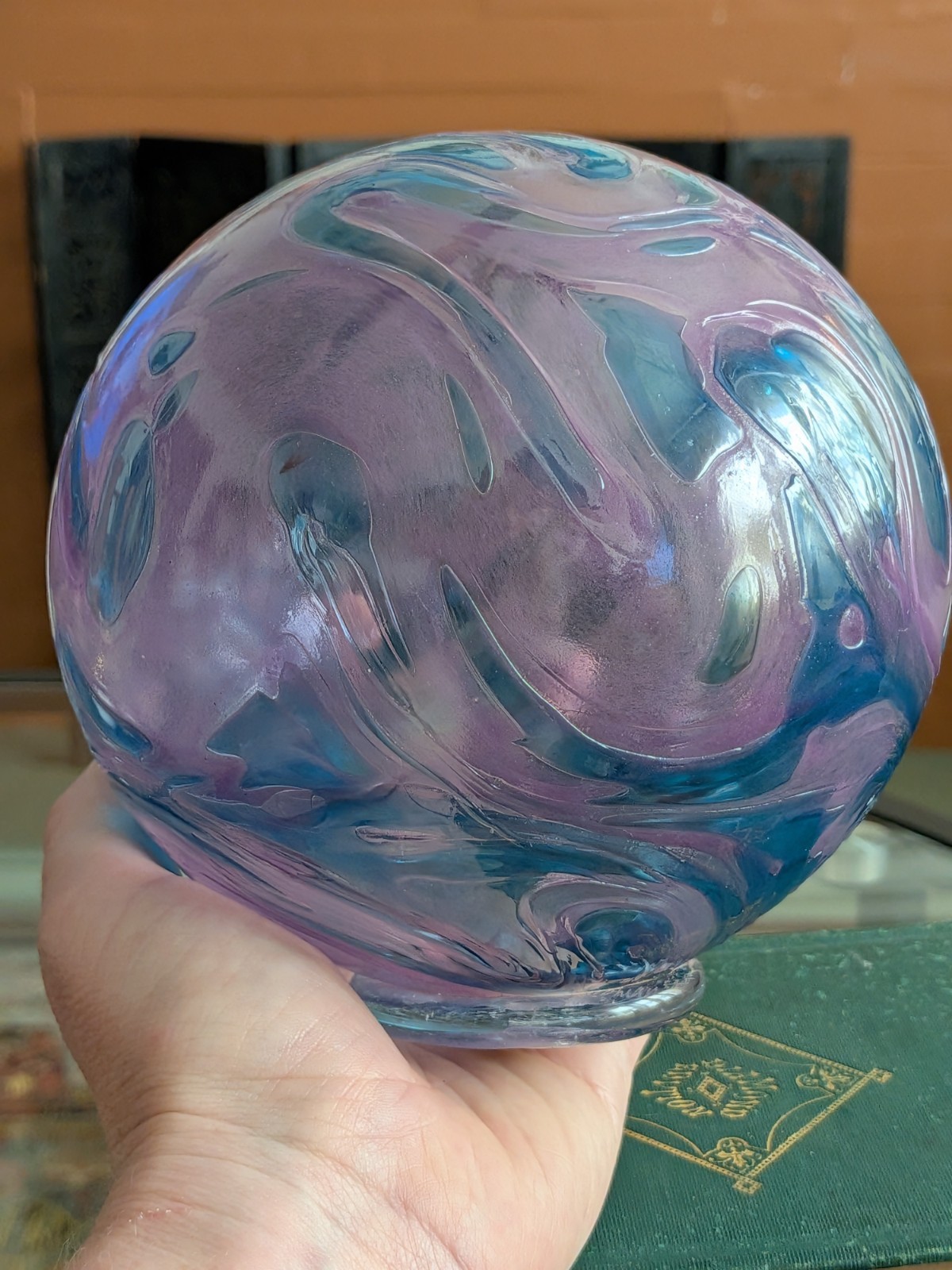Pyromania Oregon Float Large Purple Art Glass Ball Orb Sphere Blue Swirl Signed