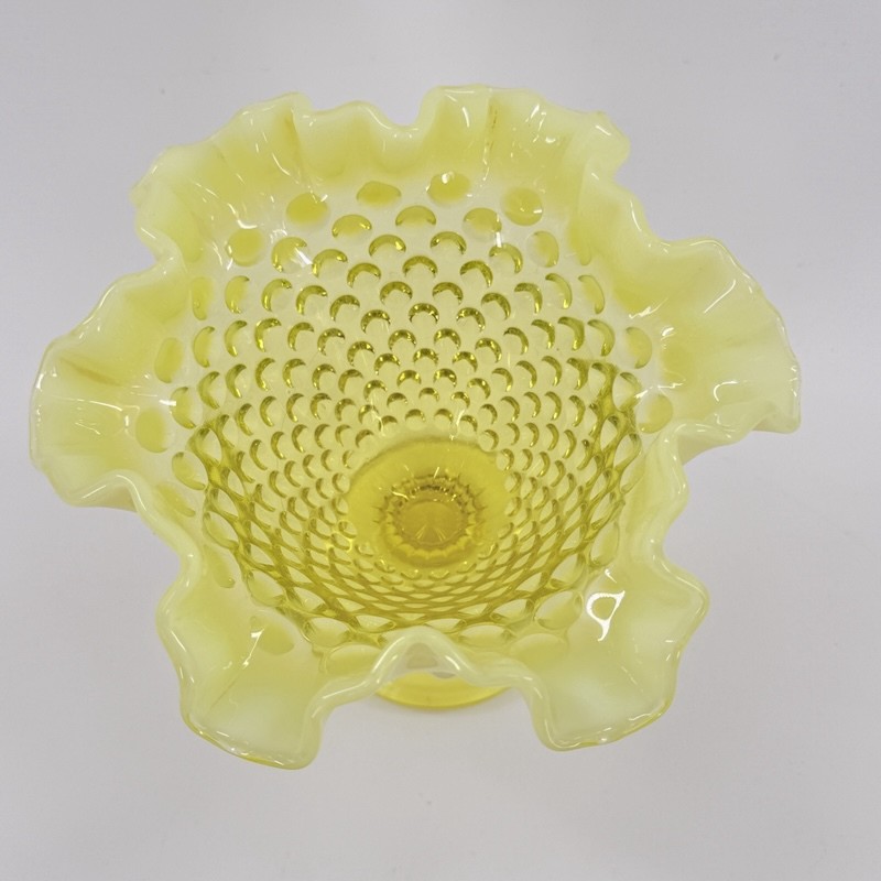 Vtg Uranium Vaseline Glass Ruffled Hobnail Compote Vase Footed Fenton Opalescent