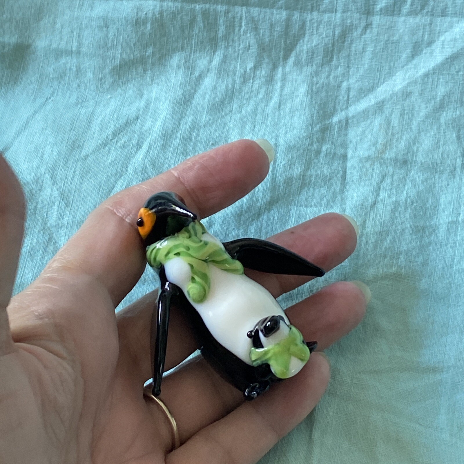 Christmas Penguin Hand Blown Glass Miniature Figurine w/Baby Penguin