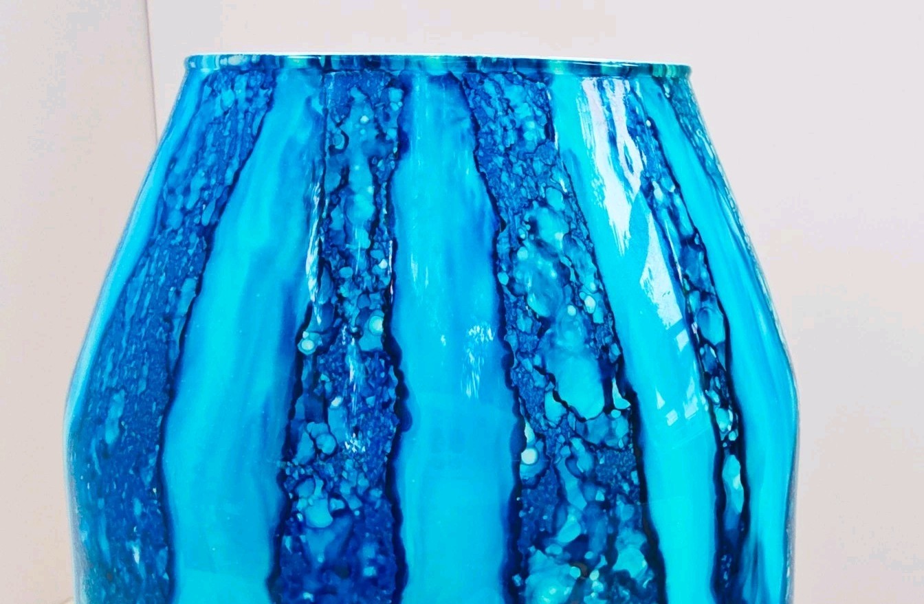 Murano Style Franco italy Hand Blown Art Glass Vase Blue White Streak Design 10”
