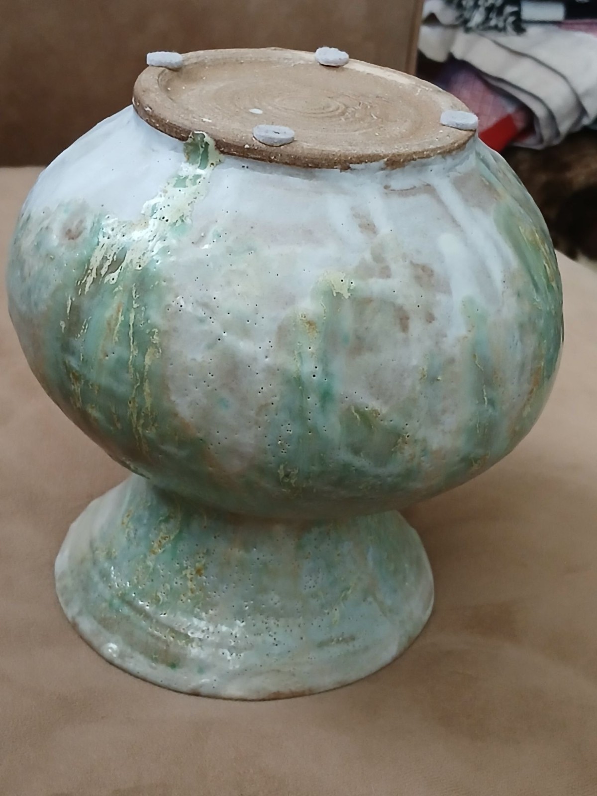 Handcrafted Ceramic Vase Signed A. Brauer ’95 Green & Beige Glaze Finish 6.5″