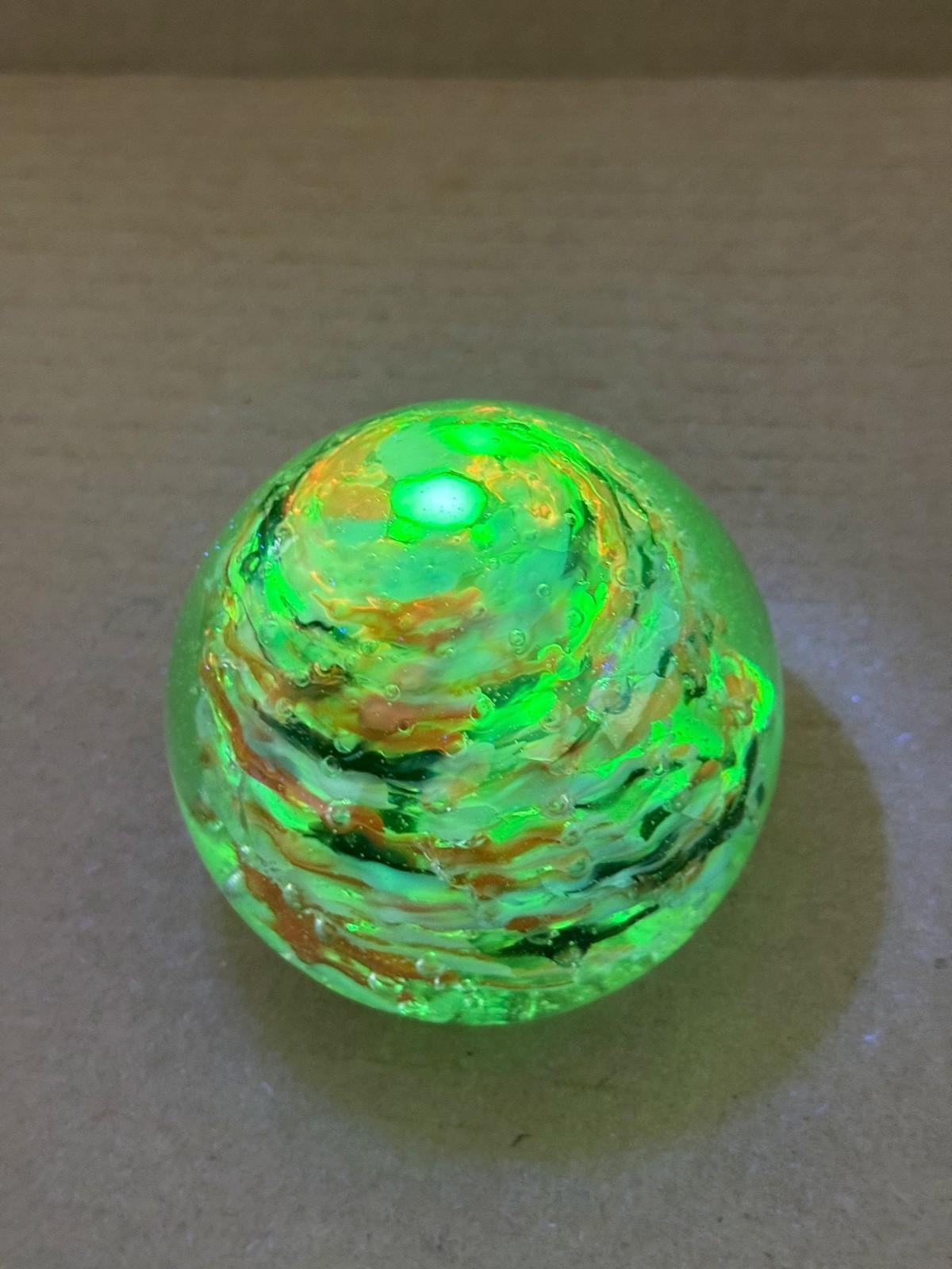 Boyd URANIUM Glass Controlled Bubble Paperweight Stamped & Etch Signed 3 inch