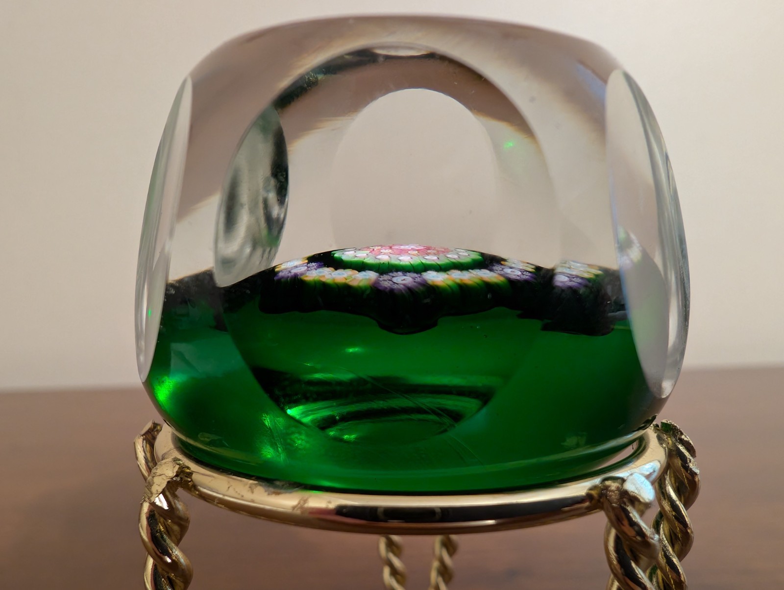 Vintage Perthshire Millefiori Emerald Green Cased Art Glass Faceted Paperweight
