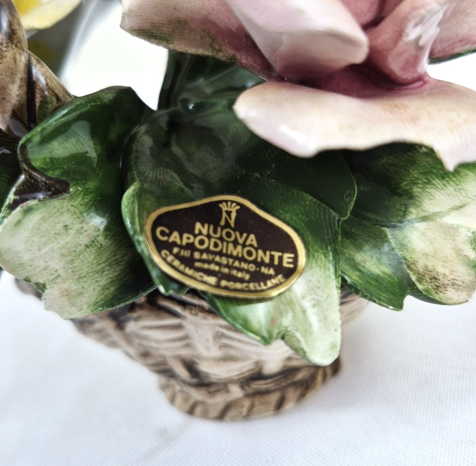 Capodimonte Porcelain Flower Basket Roses Italy Nuova Figurine Vintage