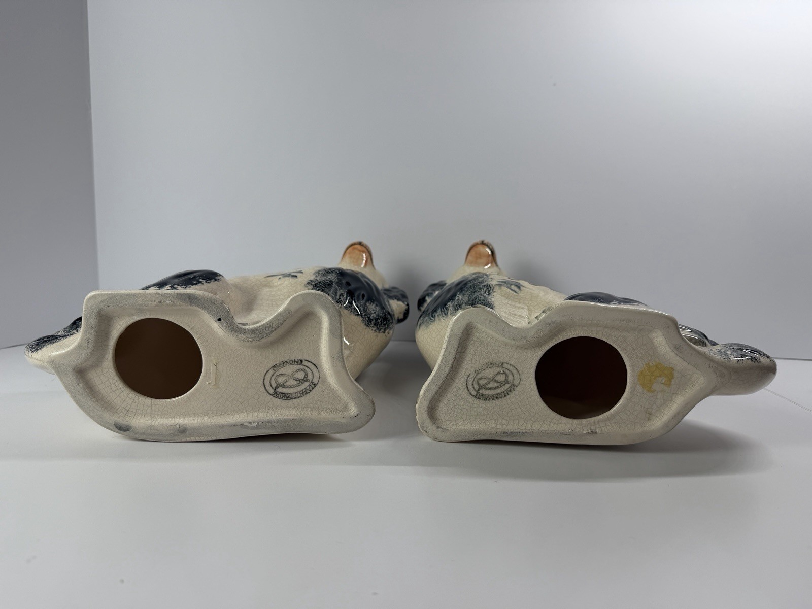 Pair of Staffordshire England Black White Porcelain Spaniel Dogs 10″ Vtg